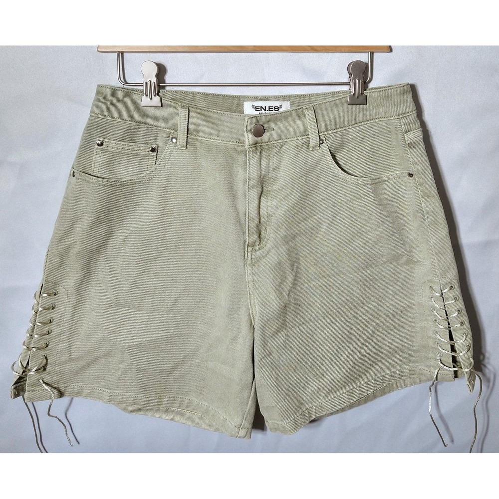 NWT EN.ES green khaki denim 5 pocket shorts side tie sz 8